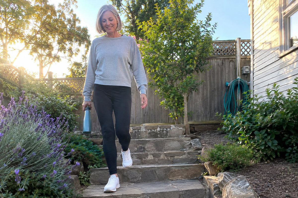 UGC lifestyle photo taken outdoors in the morning sun. A 50-year-old woman stepping briskly down stone garden steps in sneakers and leggings, smiling comfortably with zero stiffness, holding a water bottle