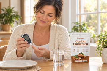 Woman in her 50s checking her blood sugar with a finger-prick meter at the dining table, Ceylarae pouch beside her