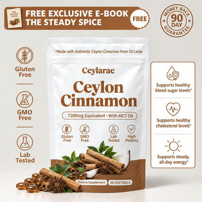 Ceylarae Ceylon Cinnamon softgels pouch with free e-book The Steady Spice and 90-day money-back guarantee