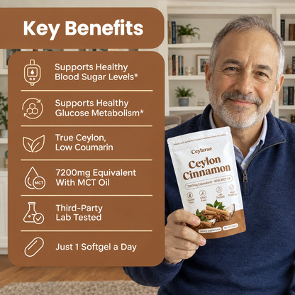 Man holding Ceylarae pouch with key benefits of Ceylon cinnamon softgels