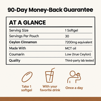 Ceylarae at a glance: 1 softgel, 30 servings, 7200mg equivalent, MCT oil, low coumarin, lab tested