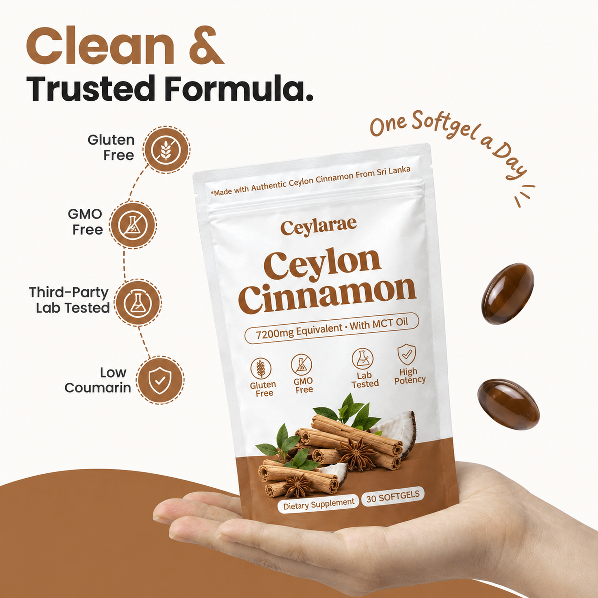 Ceylarae Ceylon Cinnamon pouch held in hand with product callouts