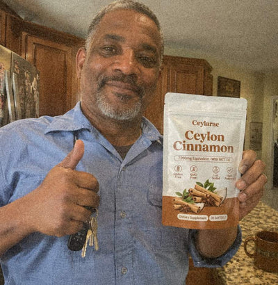 Man at his kitchen counter with keys and a Ceylarae pouch