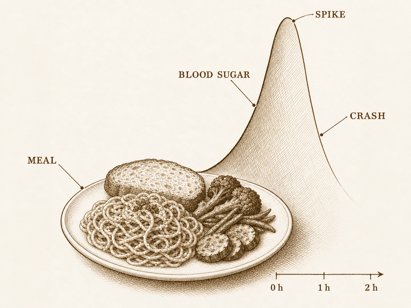Labeled sketch: a meal, then a blood sugar curve with a spike and a crash over two hours