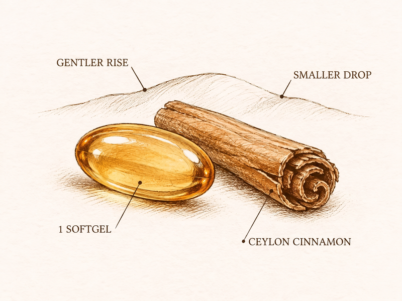 Labeled sketch: one softgel and a Ceylon cinnamon quill in front of a gentle, low curve