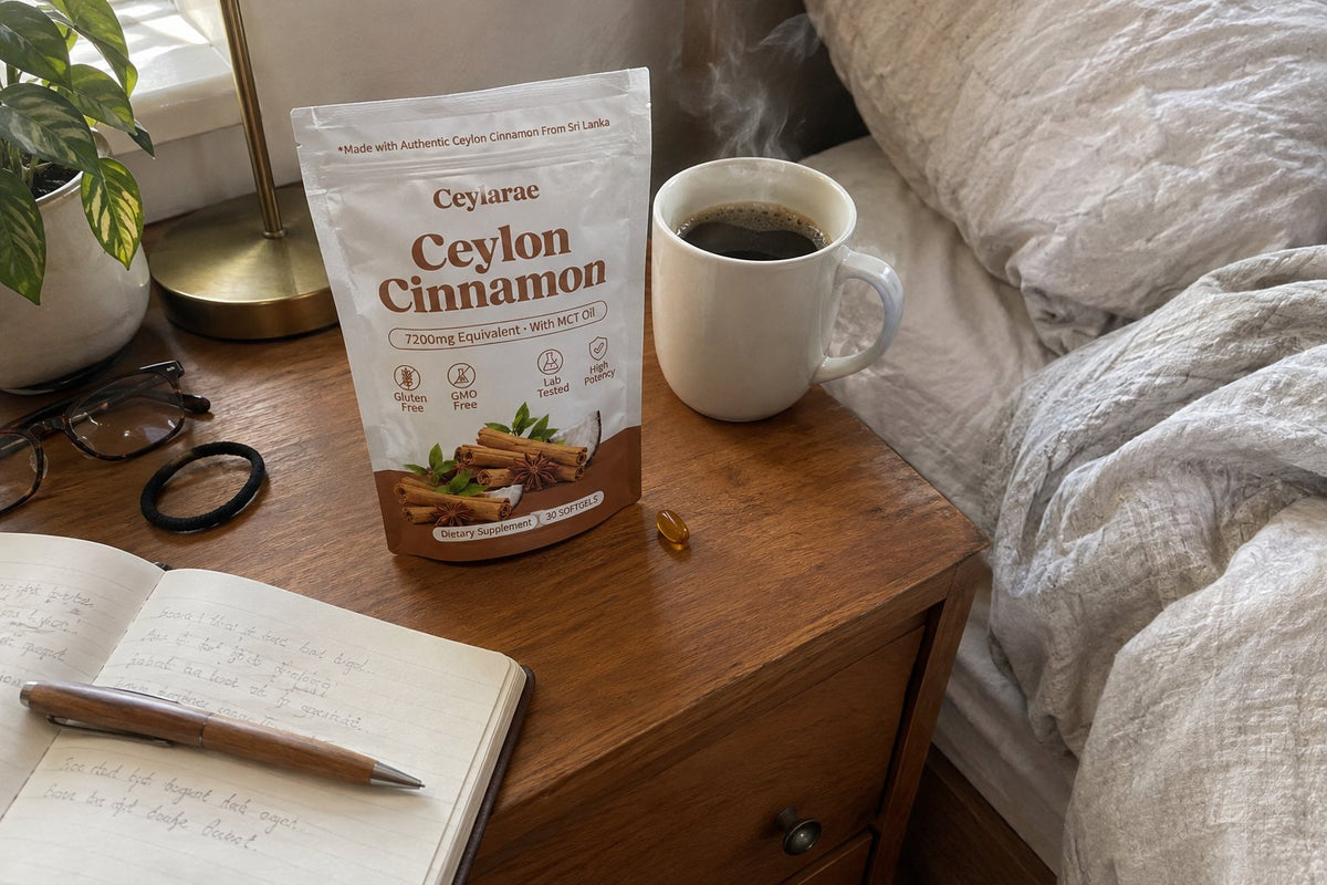 UGC phone photo, high-angle flat lay on an unmade linen duvet at 7:15 AM. A steaming white ceramic coffee mug, an open journal with a wooden pen, and a single amber Ceylarae softgel resting beside a white stand-up pouch 