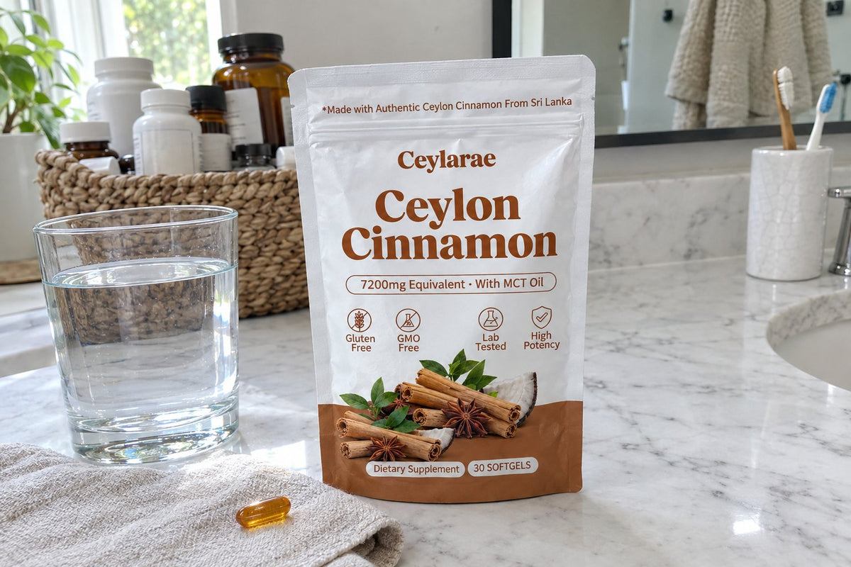 Clean, modern lifestyle product photo on a bright marble bathroom vanity. In the background, a slightly blurred basket holds discarded vitamin bottles