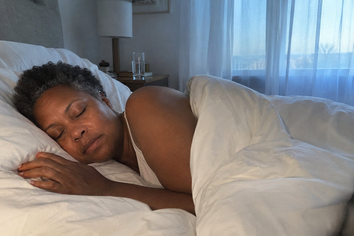UGC bedroom scene at dawn, 6:45 AM. A 51-year-old woman asleep peacefully under soft white cotton sheets, breathing calmly in natural morning twilight