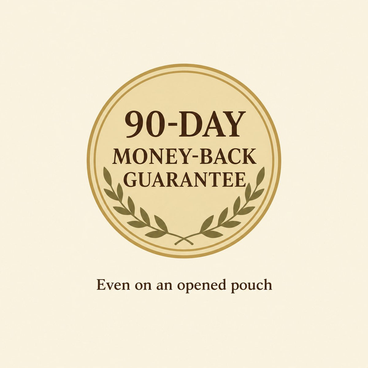 Minimalist, elegant graphic badge. A soft gold circular seal with a clean olive branch motif, featuring crisp typography: "90-DAY COMPLETE SATISFACTION GUARANTEE" and "Keep Your Pouch, Full Refund Promise"
