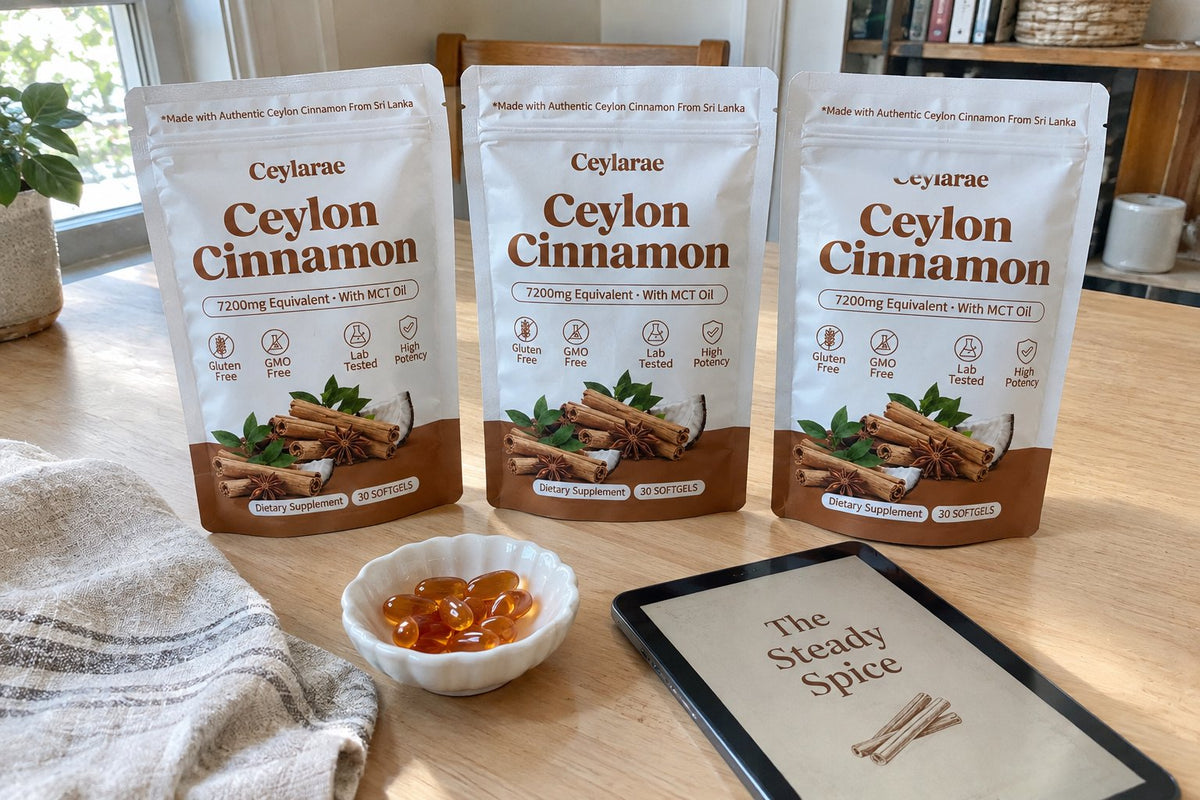 Three Ceylarae pouches with a dish of softgels and The Steady Spice e-book on a tablet