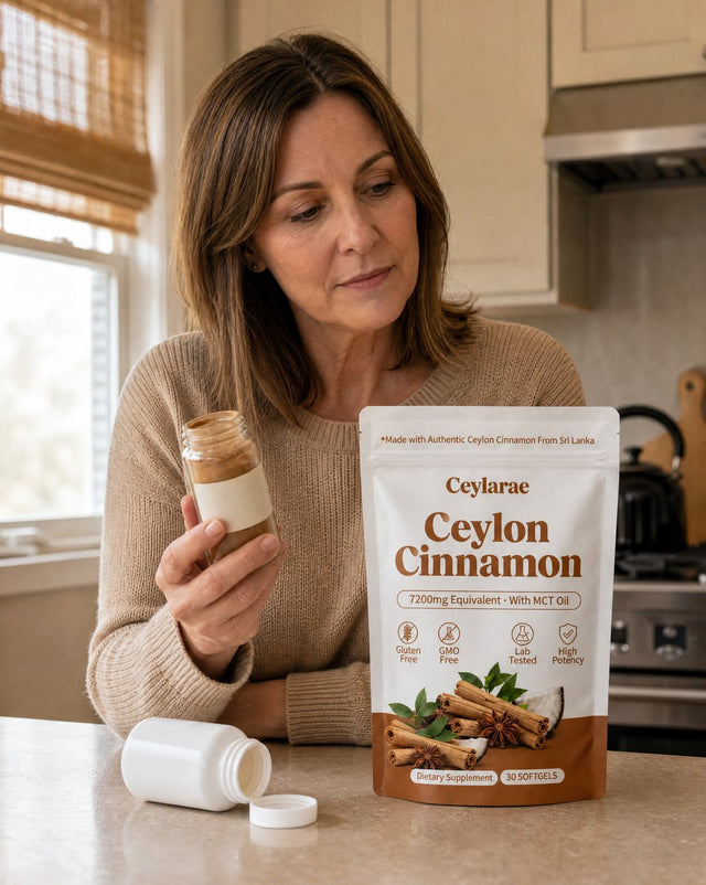 Woman in her 50s in her kitchen holding an old jar of supermarket cinnamon next to a Ceylarae pouch
