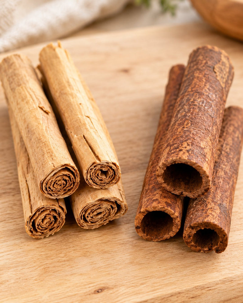 Thin layered Ceylon cinnamon quills next to thick hollow Cassia cinnamon sticks