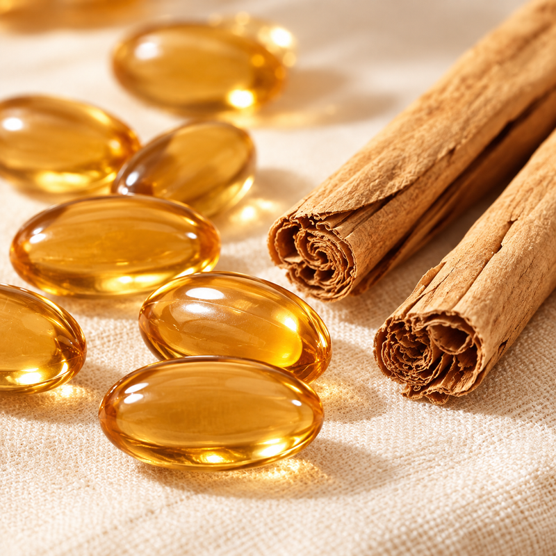 Close-up of amber Ceylarae softgels next to Ceylon cinnamon quills