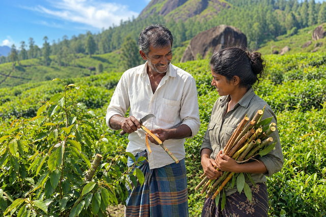 Farmers harvesting Ceylon cinnamon bark on a plantation in Sri Lanka