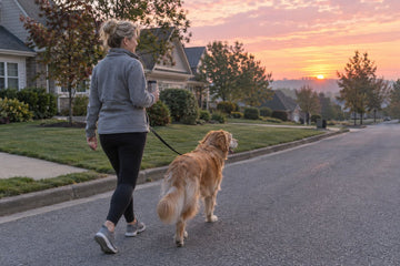 Woman in her early 50s walking her dog at sunrise with a travel mug