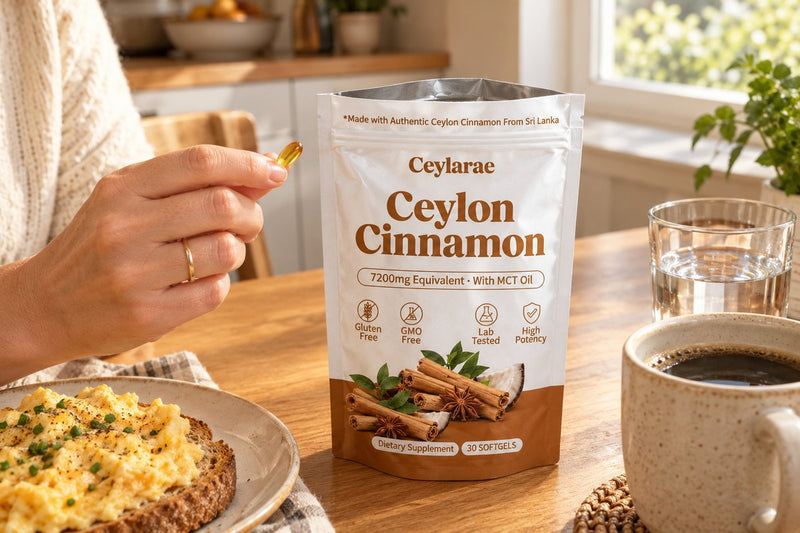 Hand holding one Ceylarae Ceylon cinnamon softgel at the breakfast table next to the pouch, eggs and coffee